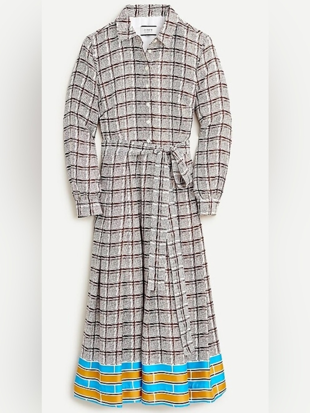 NWT J.Crew 100% silk brown white long sleeve shirt midi dress tie waist size 14